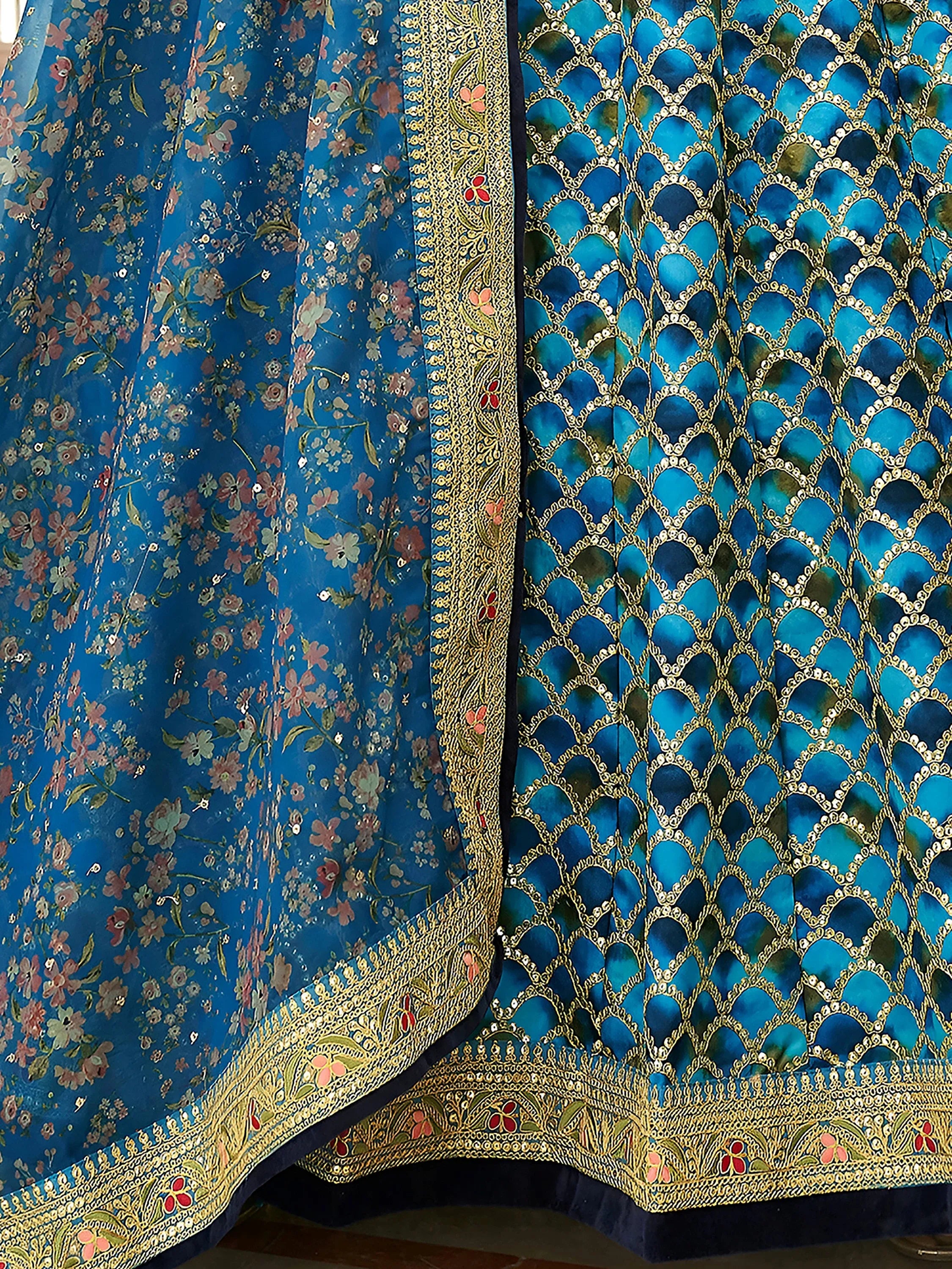 Spectacular Blue Sequins Work Art Silk Wedding Lehenga Choli