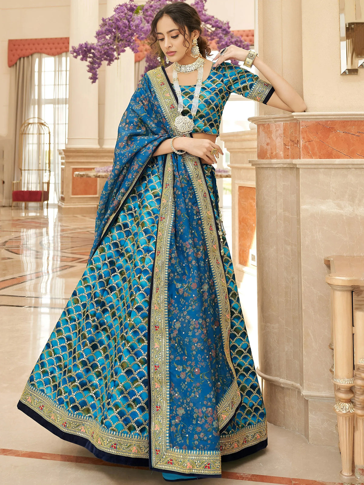 Spectacular Blue Sequins Work Art Silk Wedding Lehenga Choli
