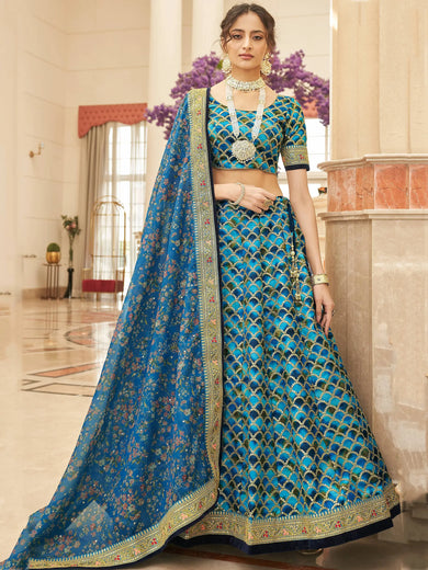 Spectacular Blue Sequins Work Art Silk Wedding Lehenga Choli
