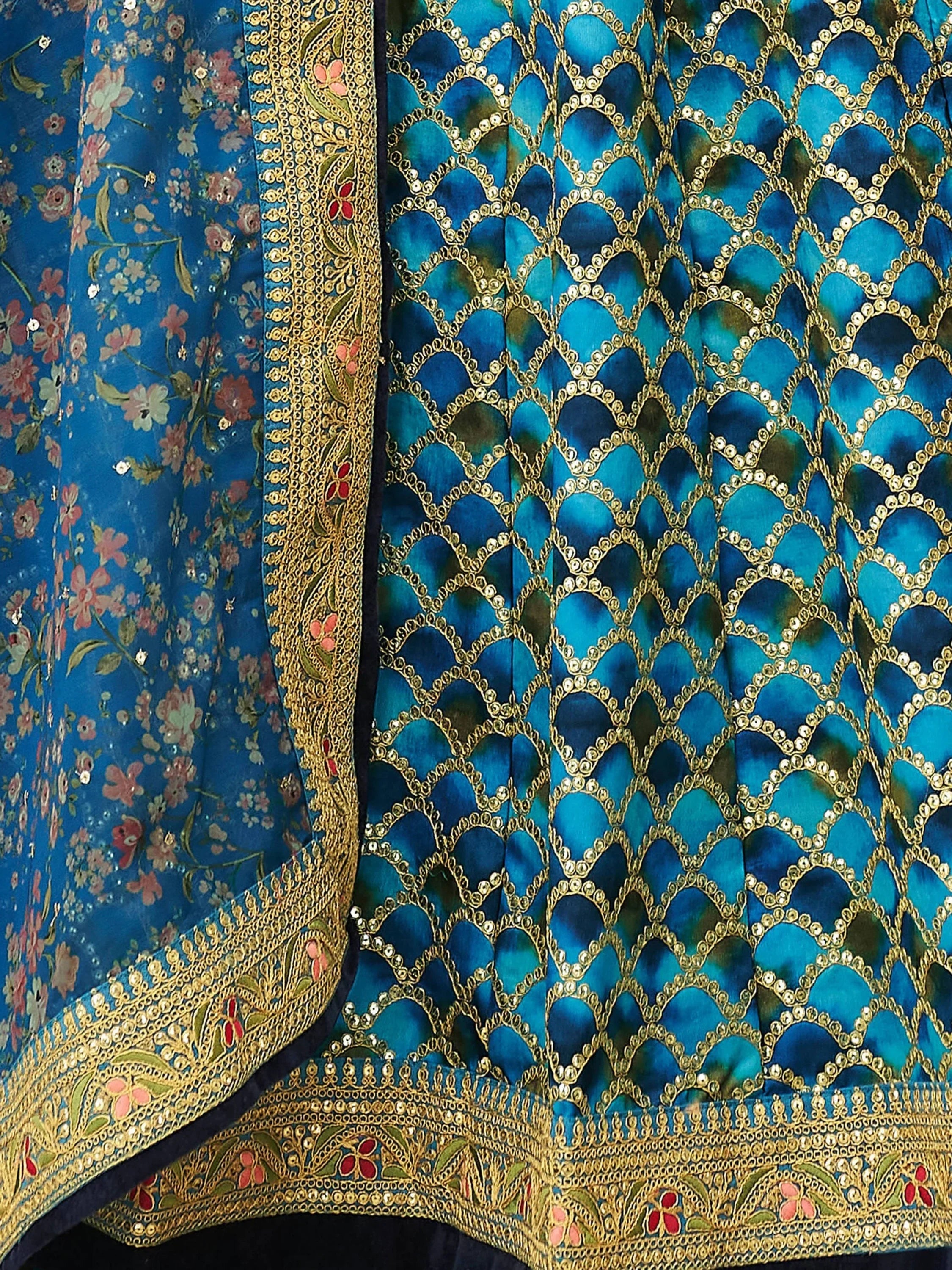 Spectacular Blue Sequins Work Art Silk Wedding Lehenga Choli