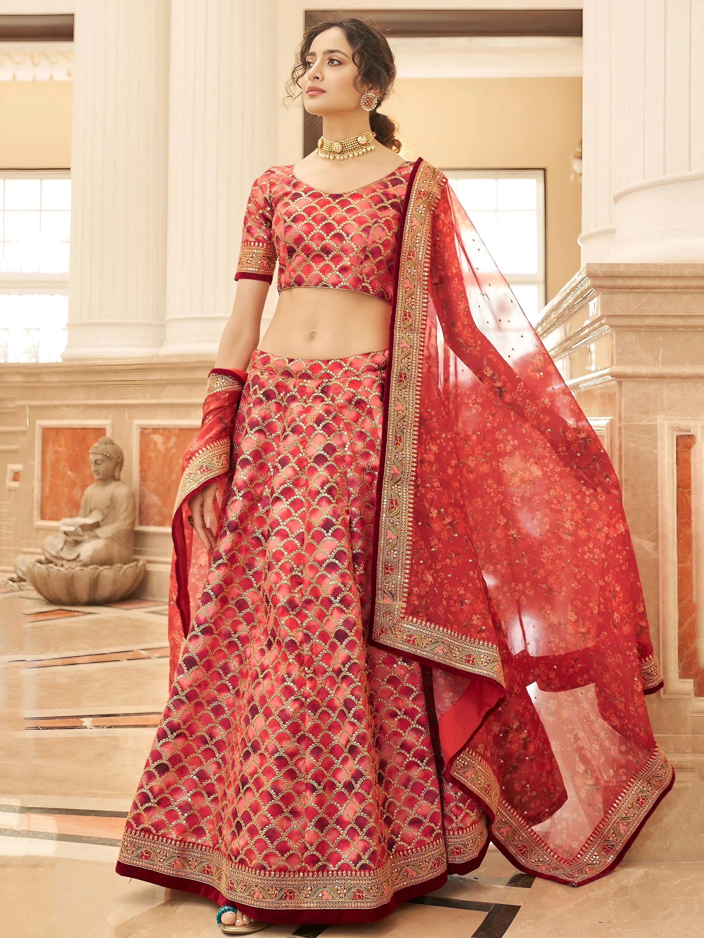 Alluring Red Embroidered Silk Function Wear Plus Size Lehenga Choli
