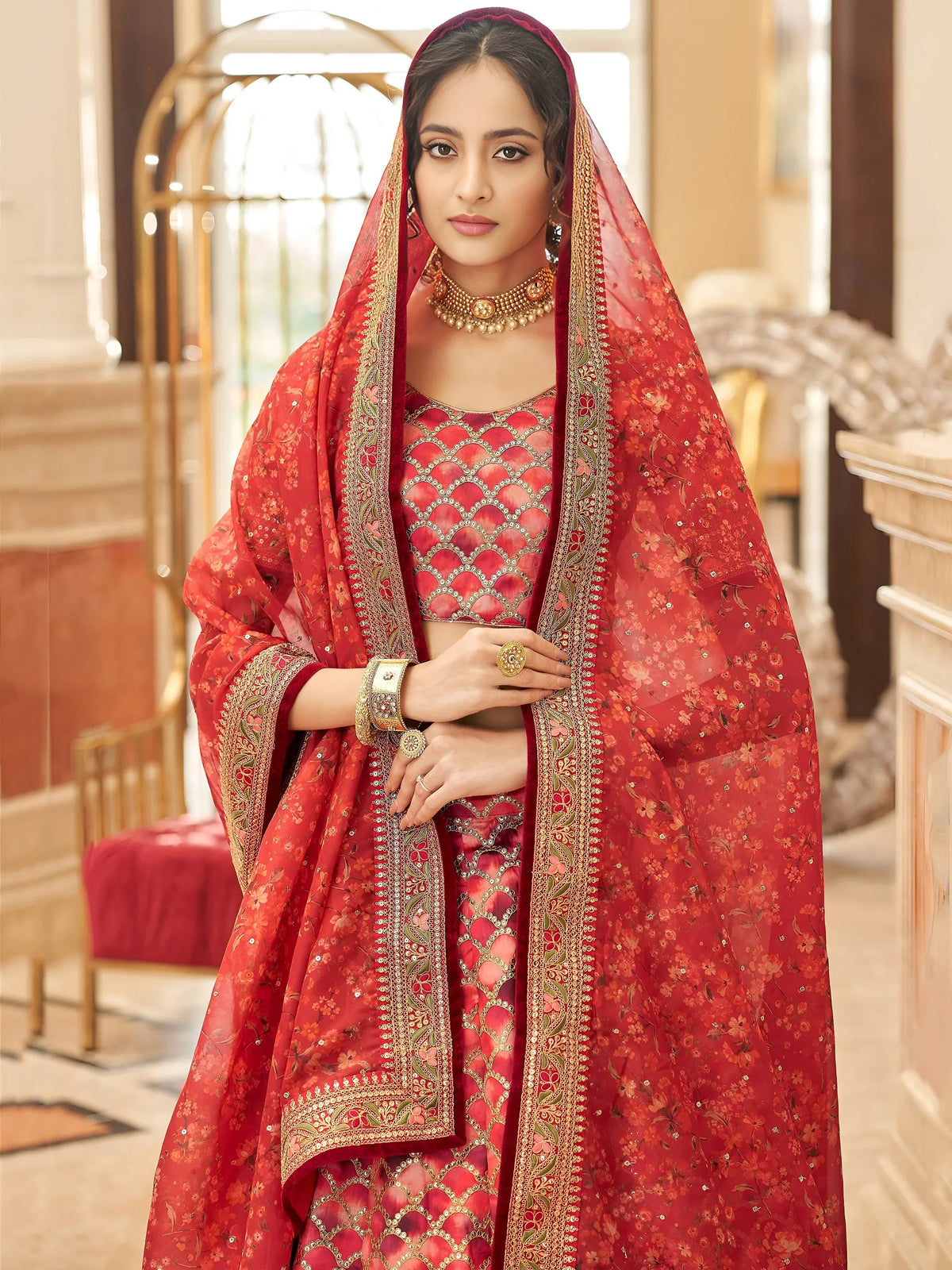 Astonishing Red Embroidered Art Silk Bridesmaid Lehenga Choli