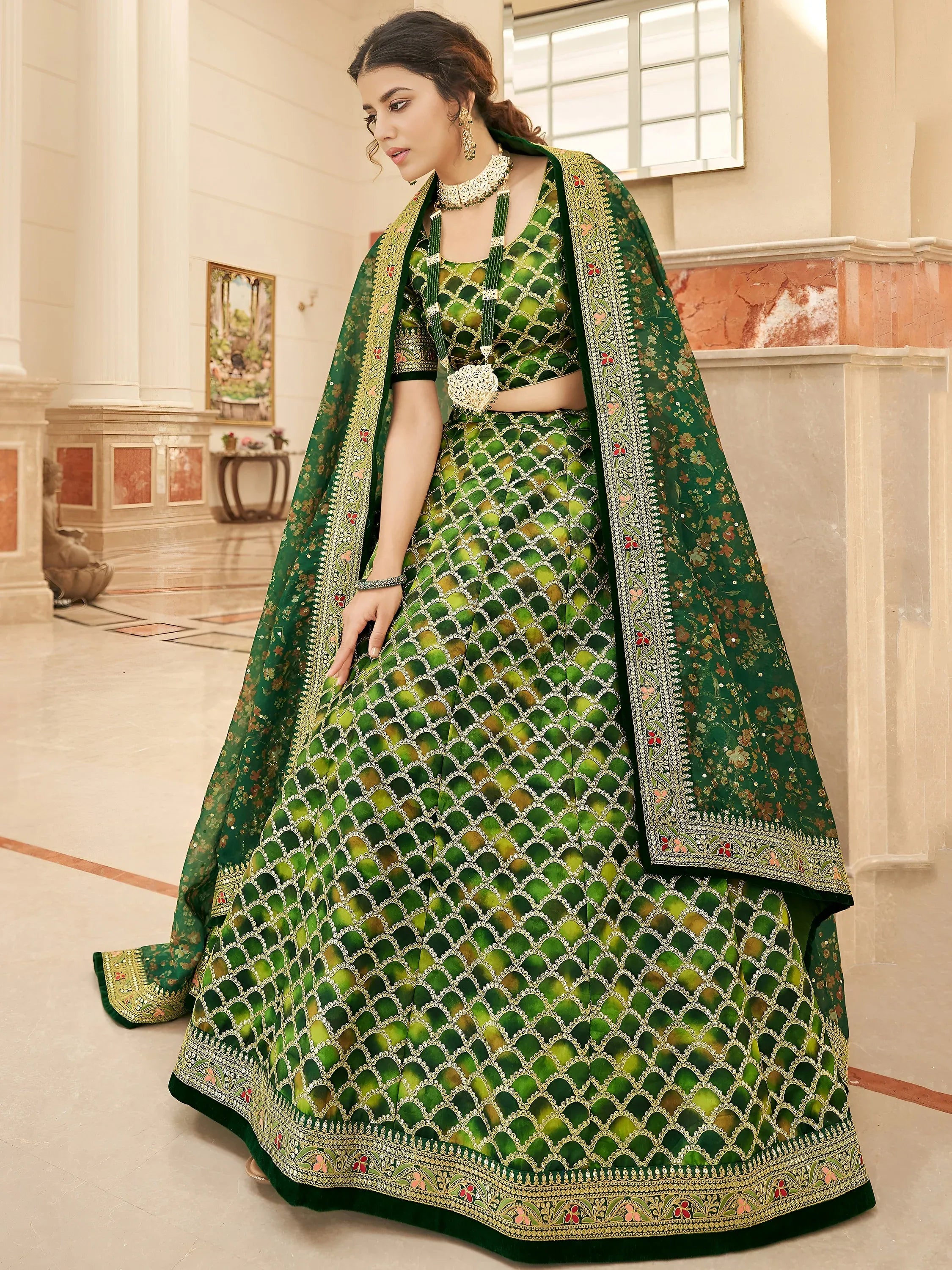 Amazing Green Embroidered Silk Festival Wear Plus Size Lehenga Choli
