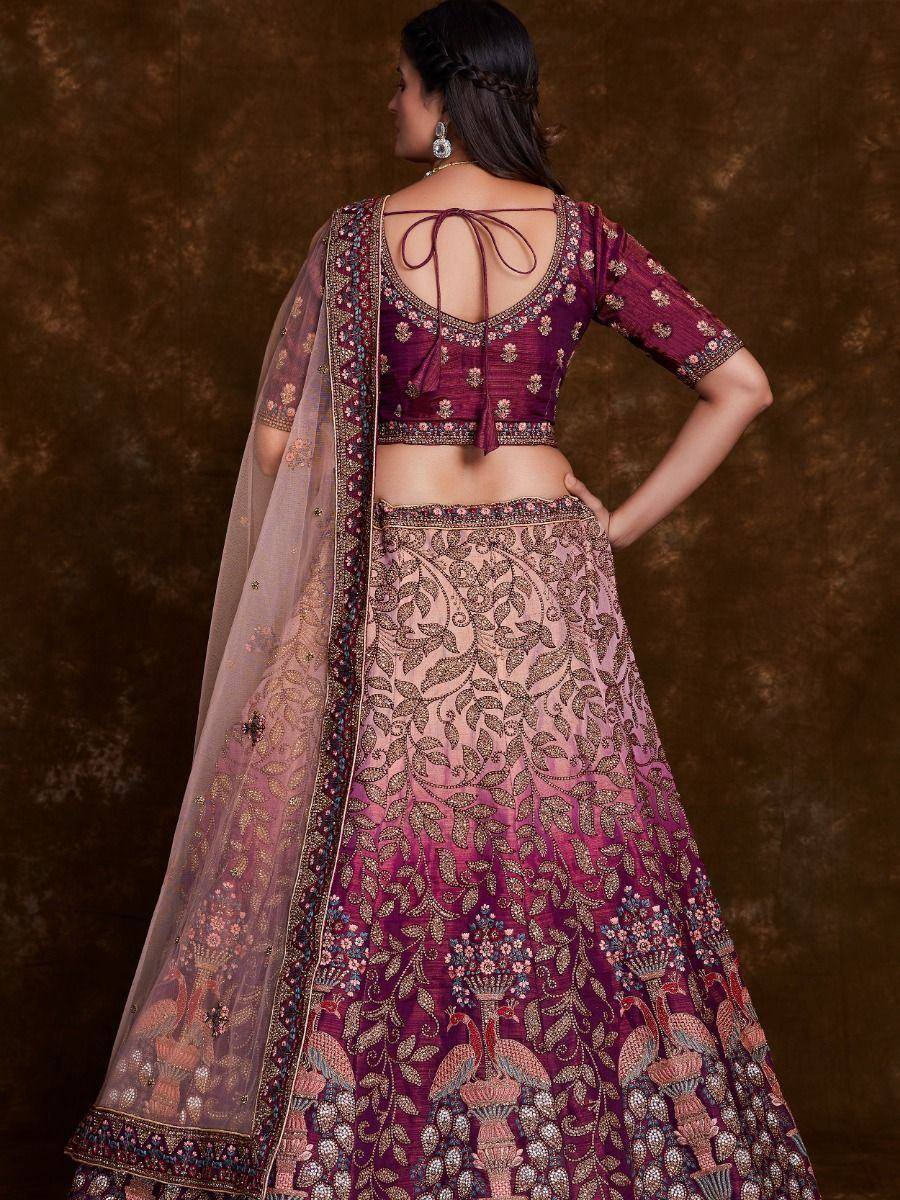 Purple embroidered lehenga choli with back tie blouse and floral dupatta, Indian ethnic wear