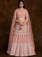 Blossoming Peach Embroidered Soft Net Wedding Lehenga Choli