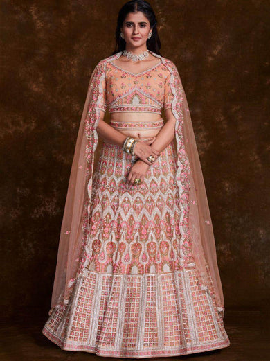 Blossoming Peach Embroidered Soft Net Wedding Lehenga Choli