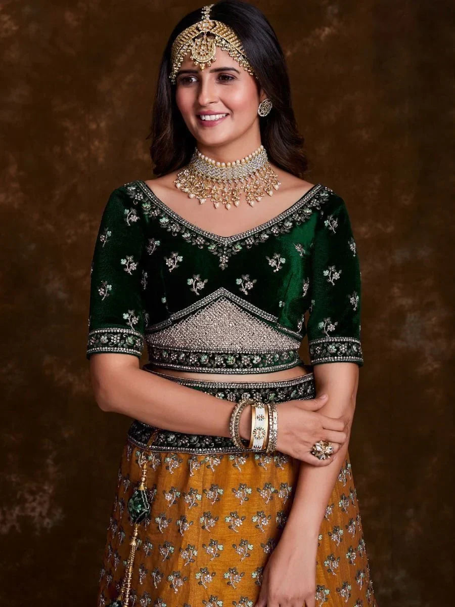 Captivating Mustard and Green Embroidered Silk Wedding Lehenga Choli