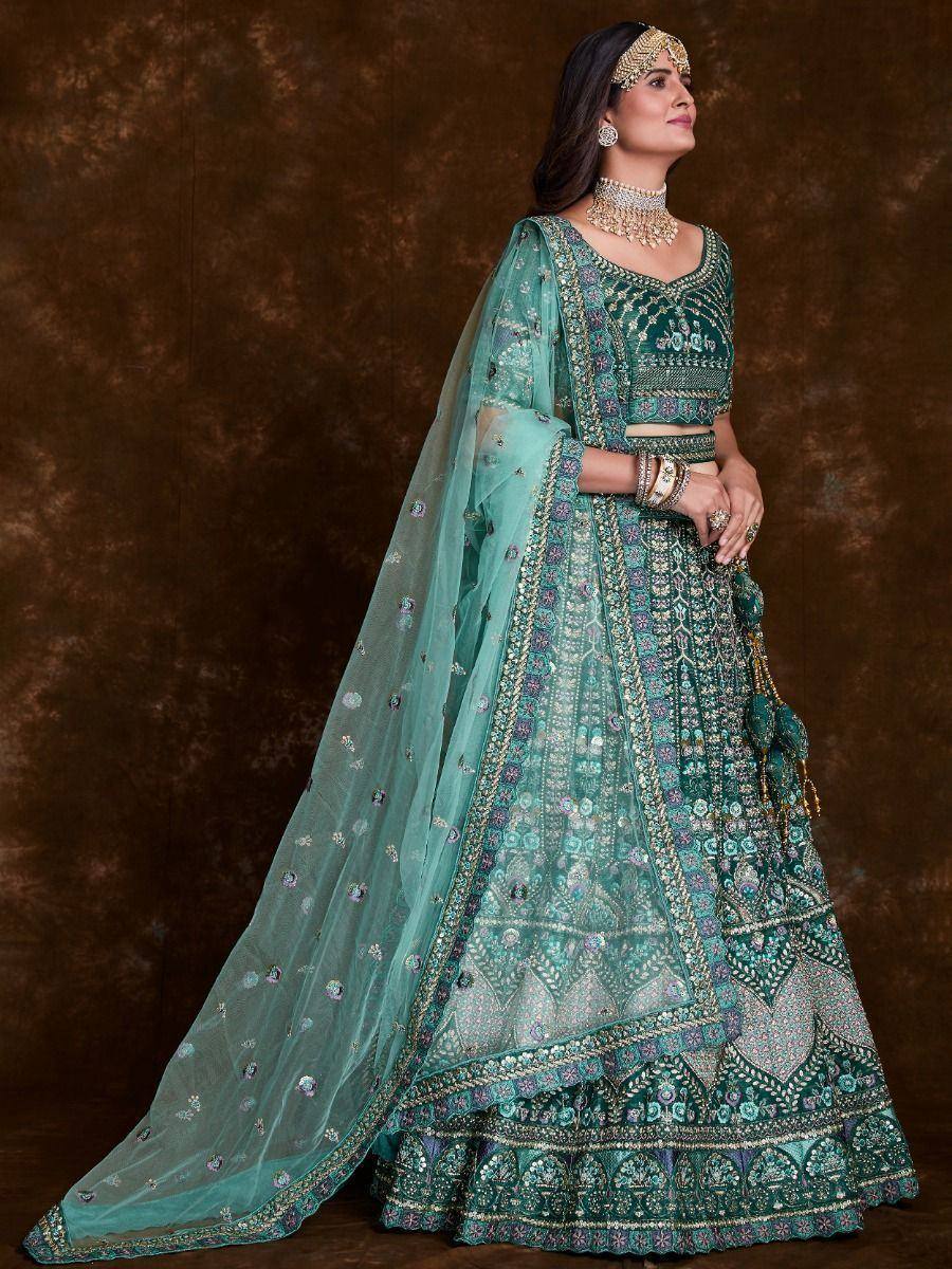 Teal embroidered lehenga choli with dupatta, Indian ethnic wear for weddings and festivals
