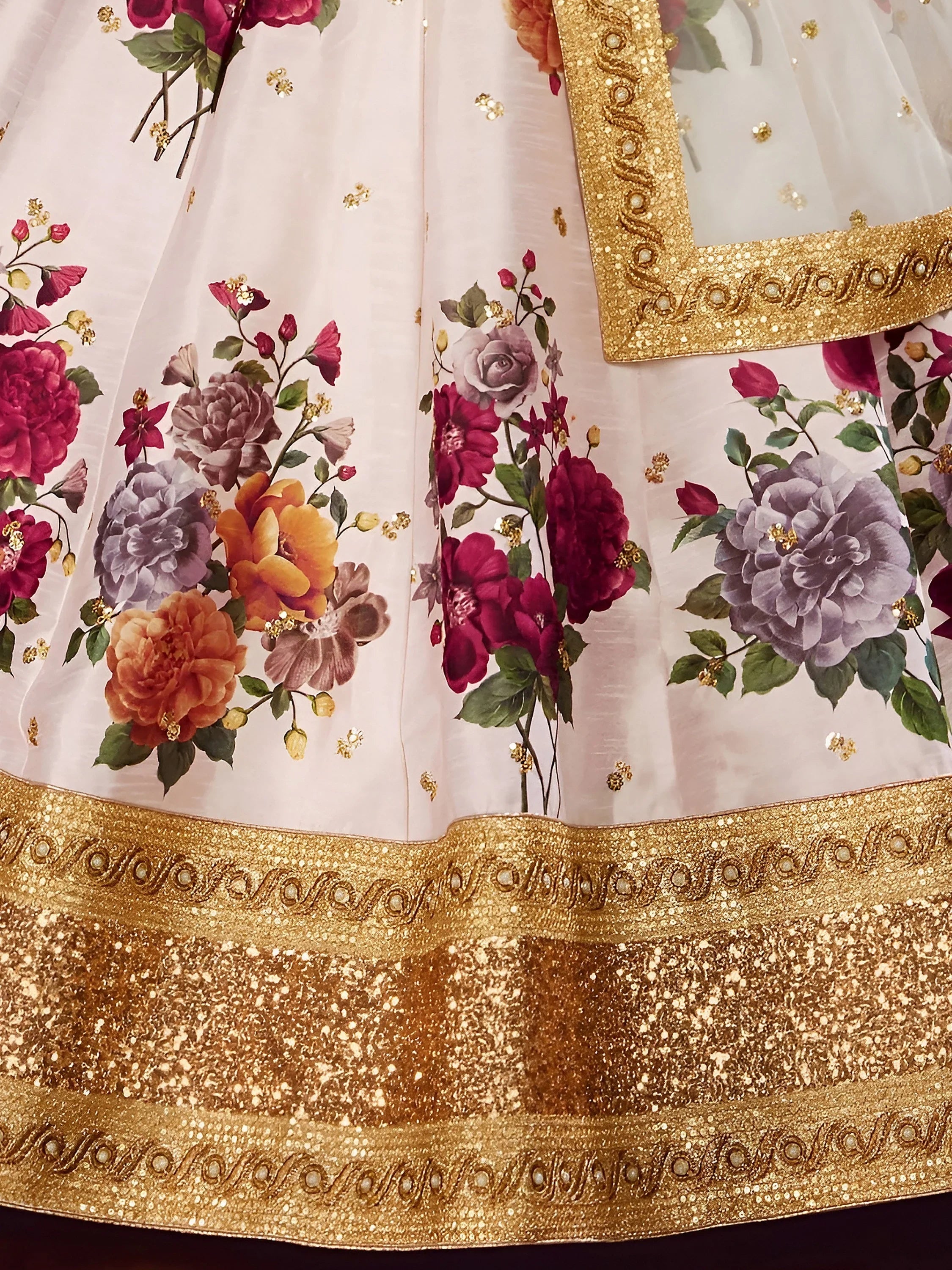 Off-White Floral Print Banglori Silk Bridal Lehenga Choli With Dupatta