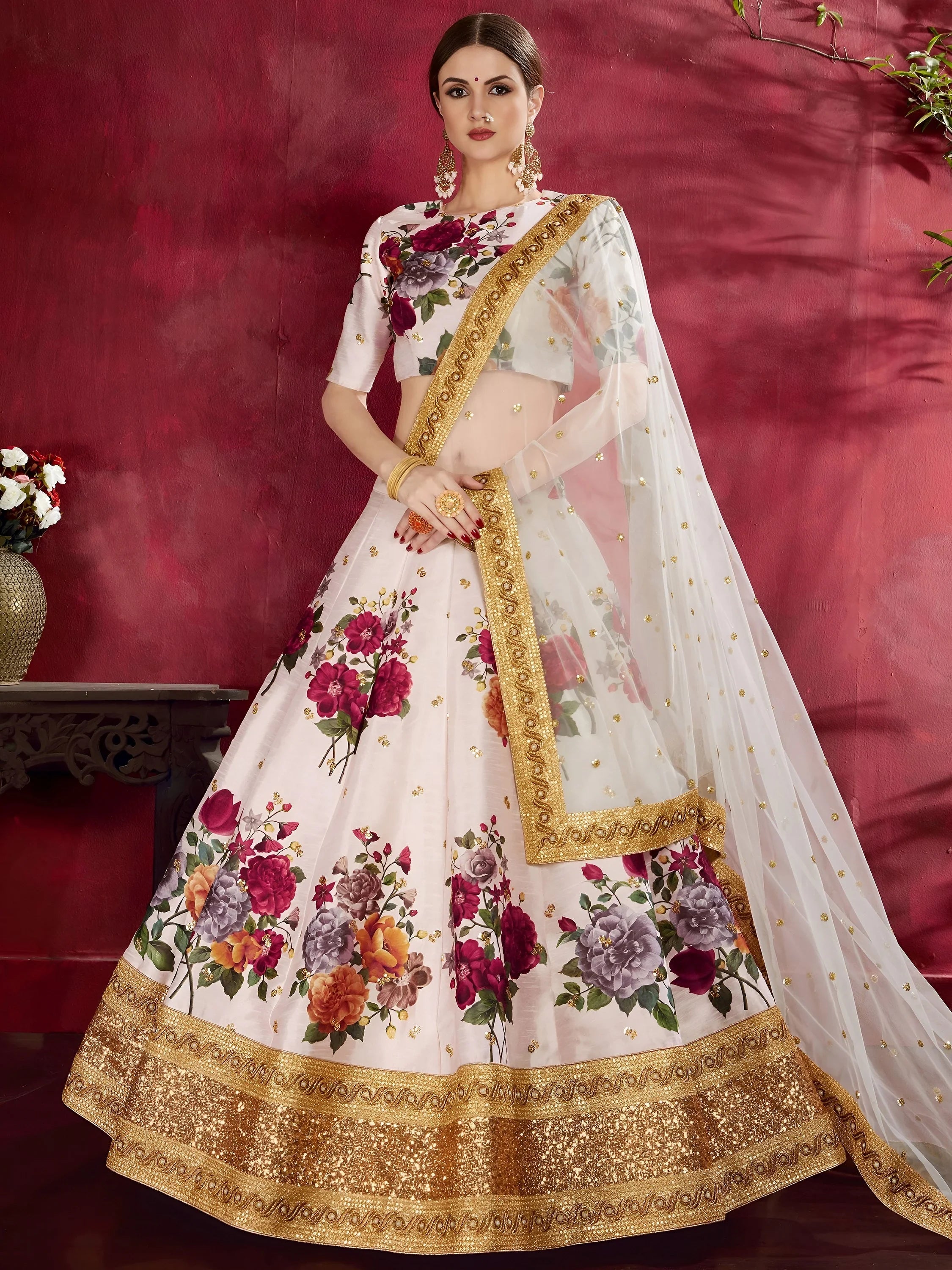 Off-White Floral Print Banglori Silk Bridal Lehenga Choli With Dupatta