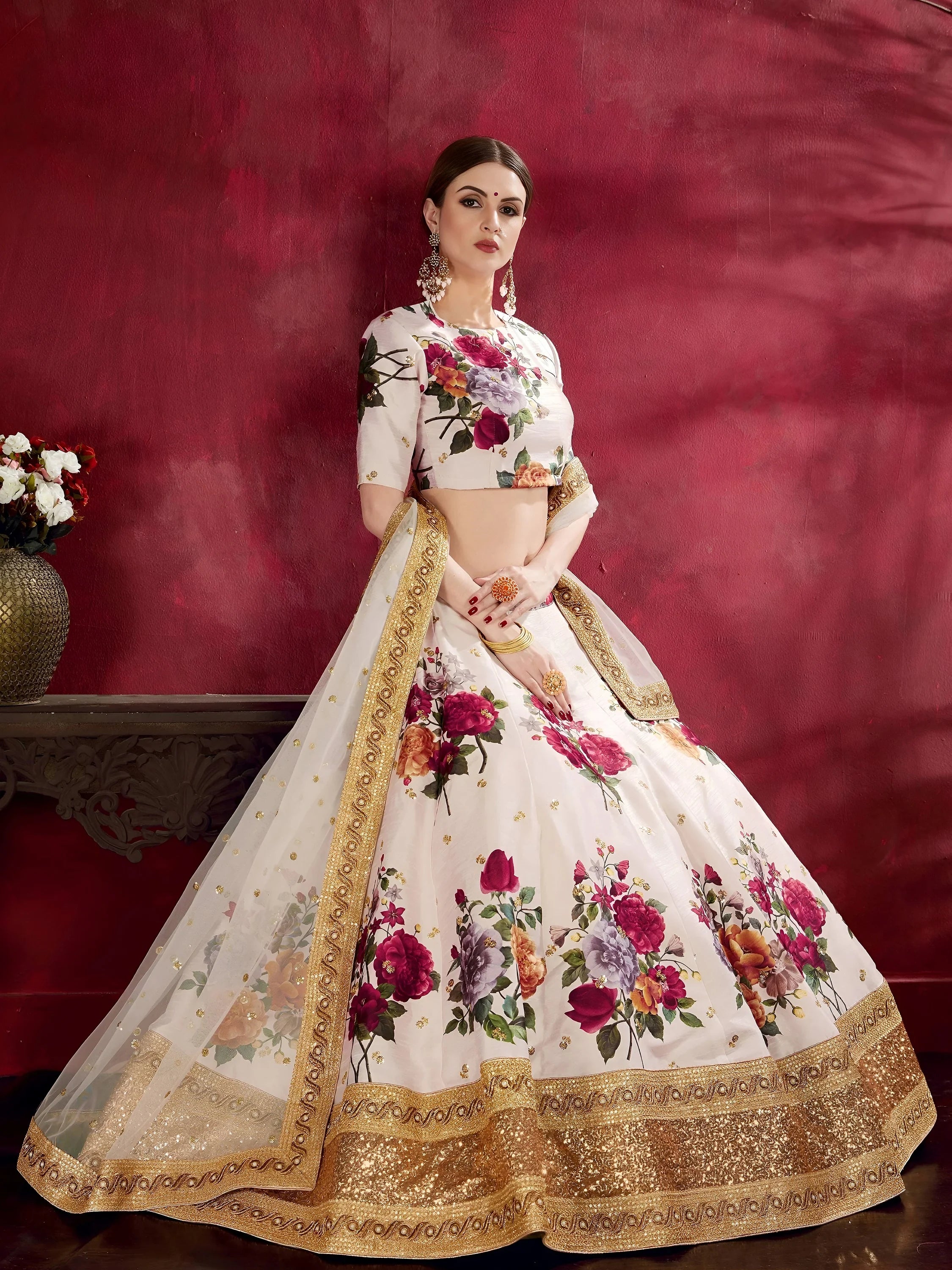 Off-White Floral Print Banglori Silk Bridal Lehenga Choli With Dupatta