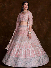 Elegant Baby Pink Embroidered Soft Net Wedding Lehenga Choli
