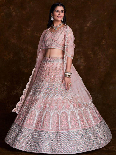 Elegant Baby Pink Embroidered Soft Net Wedding Lehenga Choli