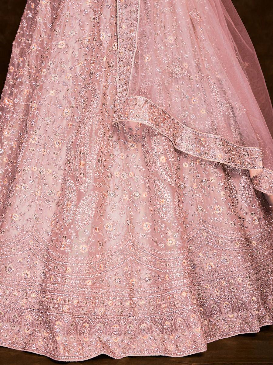 Pink embroidered lehenga with intricate floral and paisley beadwork, perfect for Indian ethnic wear.