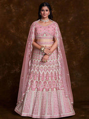 Charming Baby Pink Embroidered Soft Net Wedding Lehenga Choli