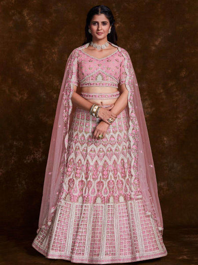 Charming Baby Pink Embroidered Soft Net Wedding Lehenga Choli