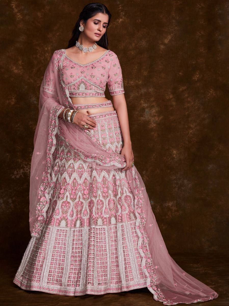 Pink embroidered lehenga choli with dupatta, Indian ethnic wear for weddings and festivals