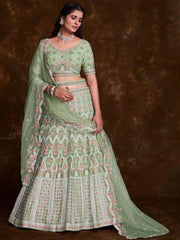 Captivate Pista Green Embroidered Soft Net Wedding Lehenga Choli