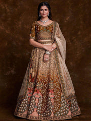 Ravishing Brown Embroidered Art Silk Reception Wear Lehenga Choli