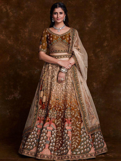 Ravishing Brown Embroidered Art Silk Reception Wear Lehenga Choli