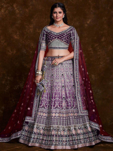 Charming Wine Embroidered Art Silk Reception Wear Lehenga Choli