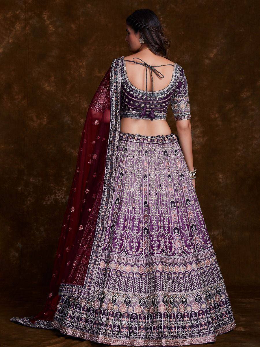Purple embroidered lehenga choli with back tie blouse and maroon dupatta, Indian ethnic wear
