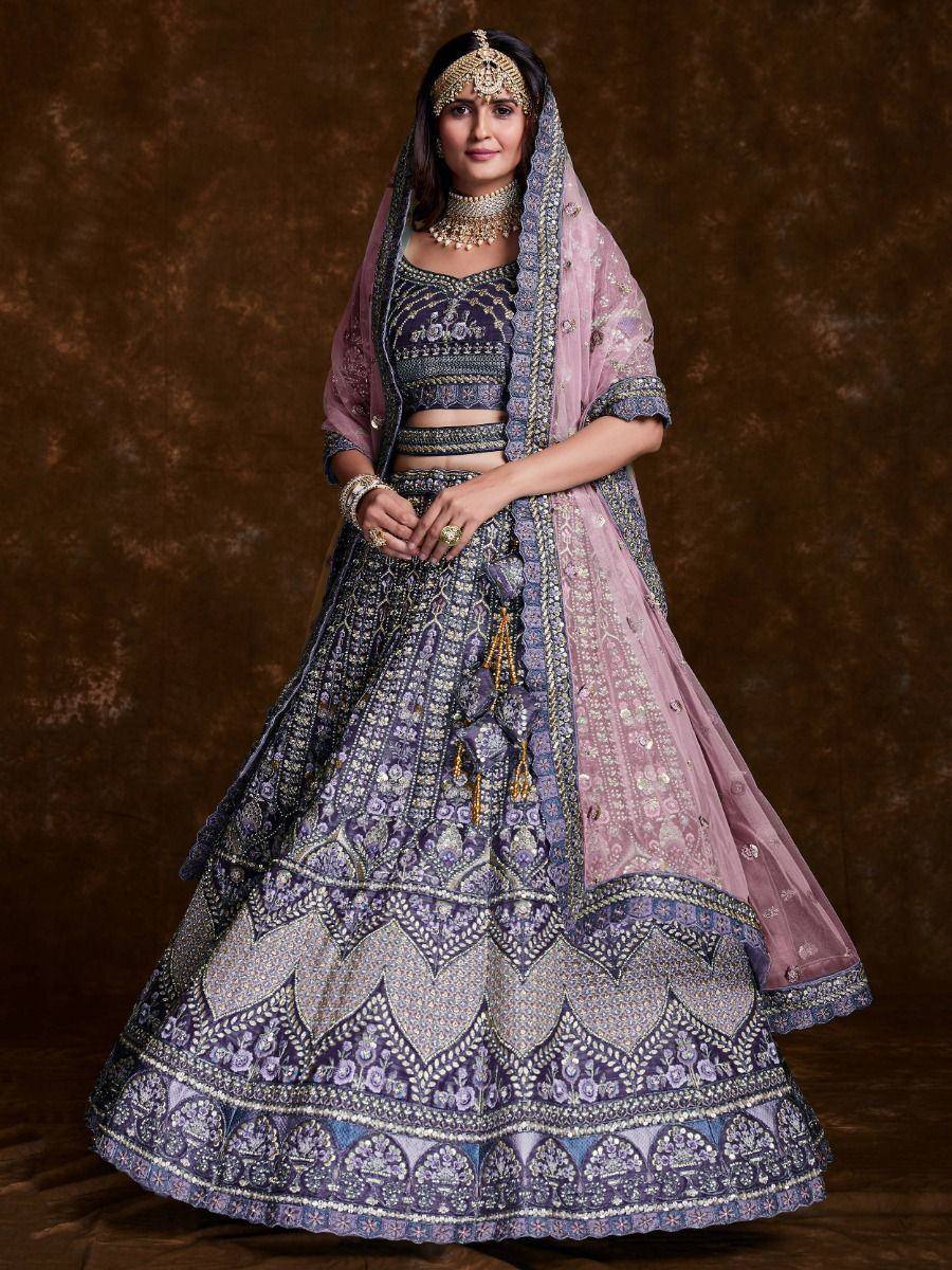 Purple embroidered lehenga choli with dupatta, Indian ethnic wear for weddings and festivals