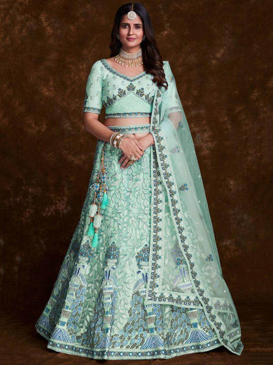 Gorgeous Sea Green Embroidered Soft Net Wedding Lehenga Choli
