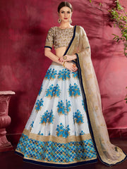 Attractive White Floral Print Banglori Silk Wedding Lehenga Choli