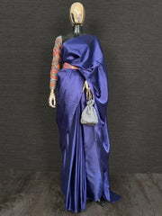 Wondrous Blue Embroidered Satin Party Wear Saree
