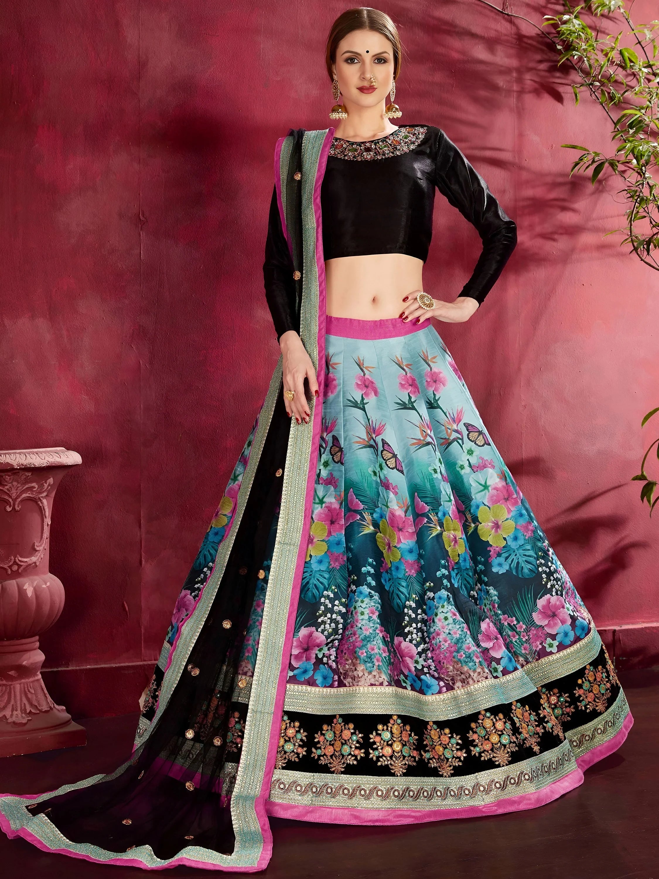 Attractive Blue Floral Printed Banglori Silk Bridal Lehenga With Black Choli