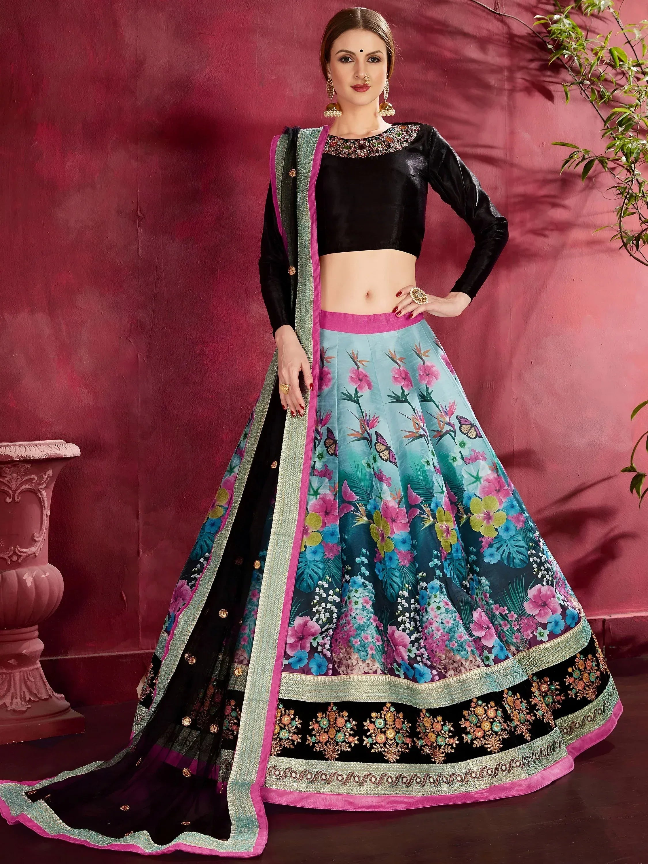Attractive Blue Floral Printed Banglori Silk Bridal Lehenga With Black Choli