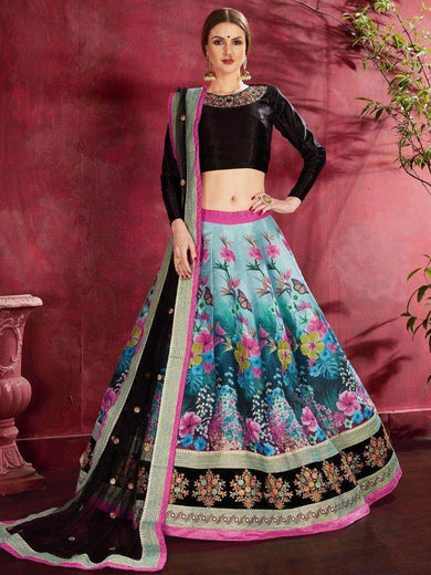 Attractive Blue Floral Printed Banglori Silk Bridal Lehenga With Black Choli