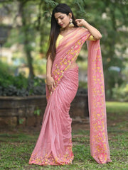 Glorious Pink Sequins Embroidered Satin Party Wear Saree