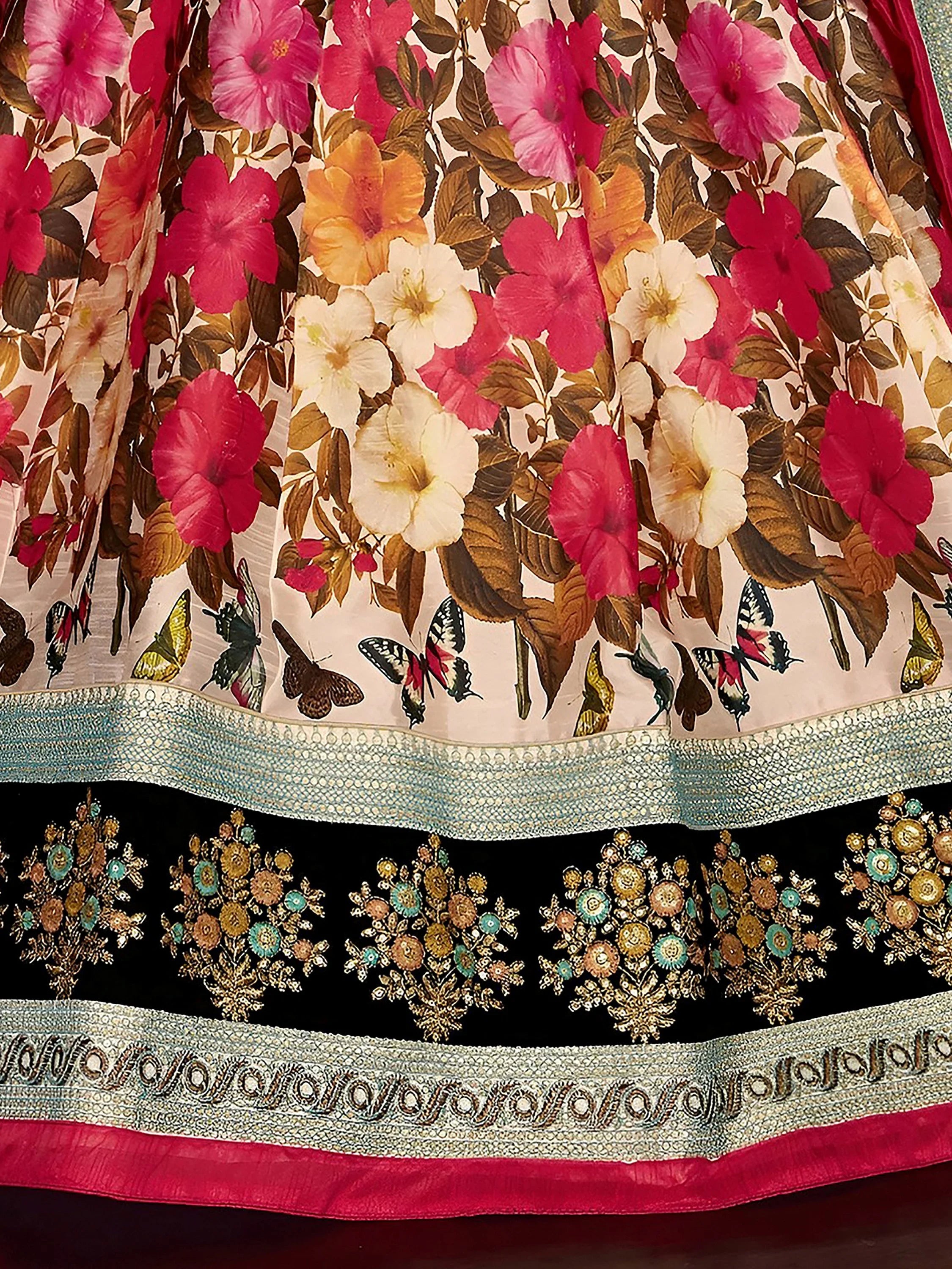Multi Color Floral Printed Banglory Silk Bridal Lehenga Black Choli And Dupatta