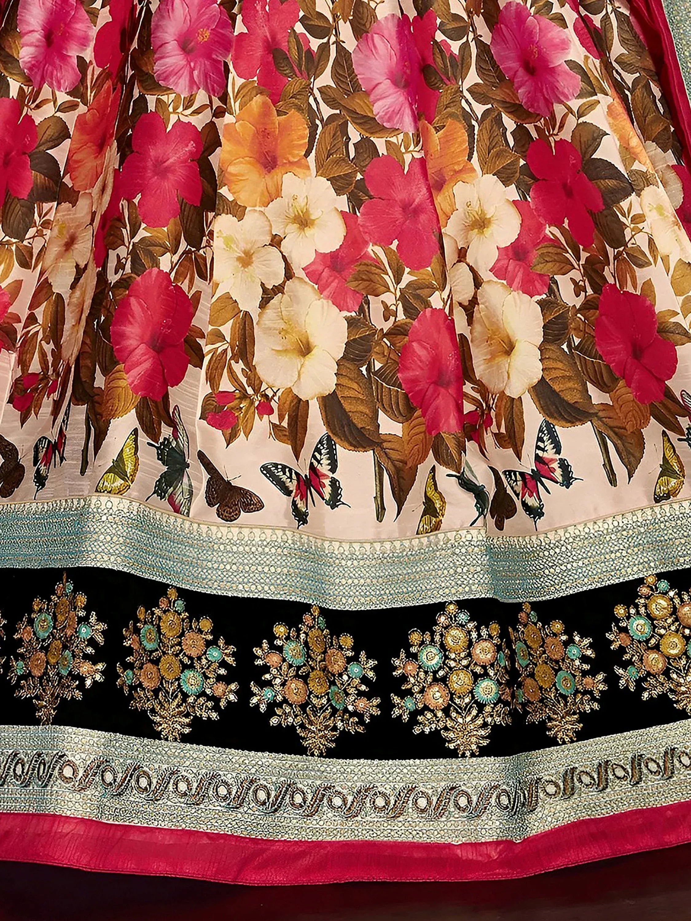 Multi Color Floral Printed Banglory Silk Bridal Lehenga Black Choli And Dupatta