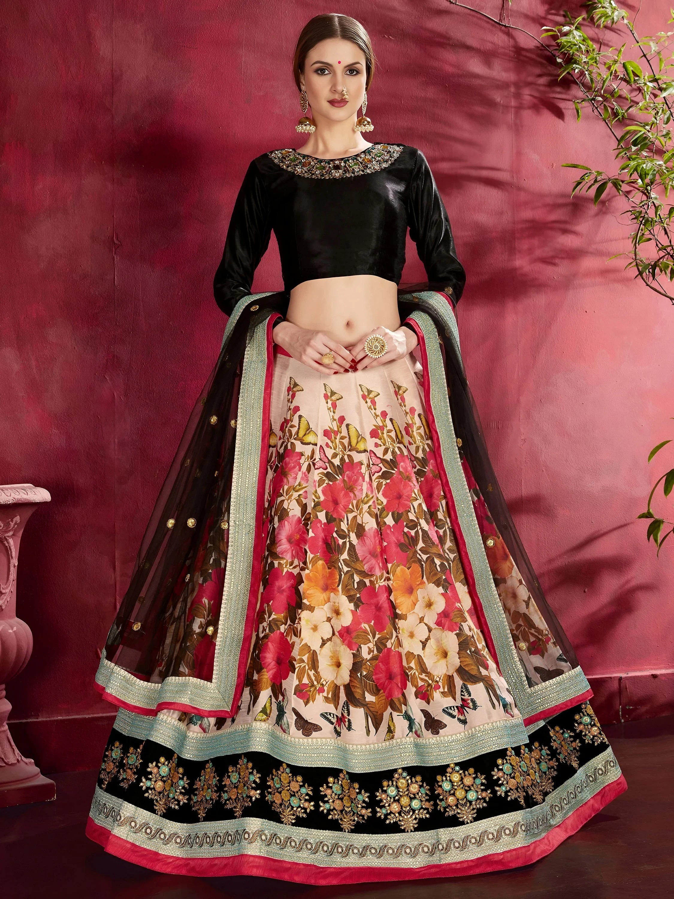 Multi Color Floral Printed Banglory Silk Bridal Lehenga Black Choli And Dupatta