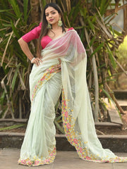 Magnificent Light Green Sequins Embroidered Satin Party Wear Saree
