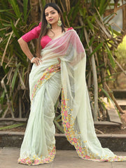Magnificent Light Green Sequins Embroidered Satin Party Wear Saree