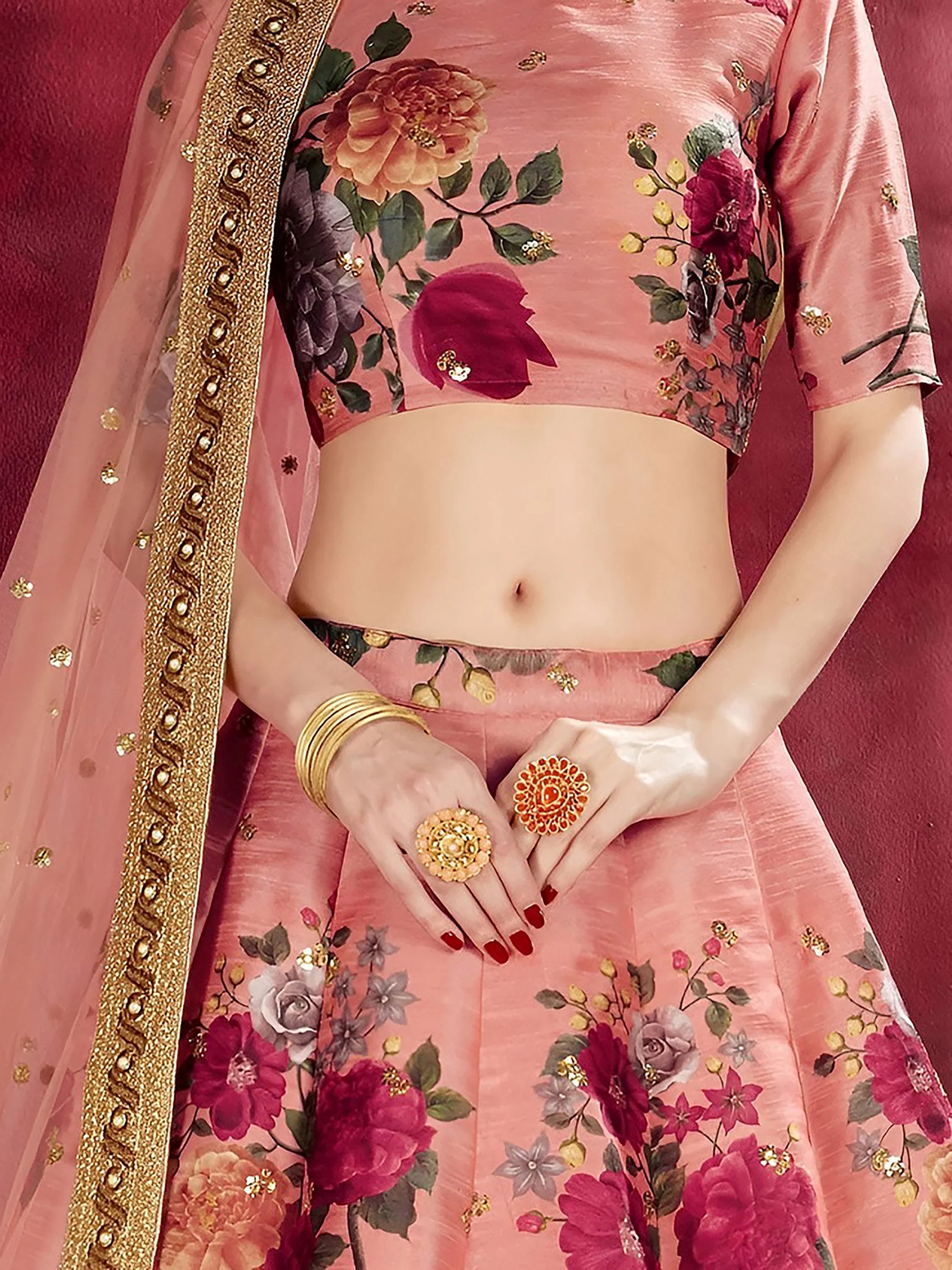 Peach Floral Printed Banglori Silk Bridal Lehenga Choli With Dupatta