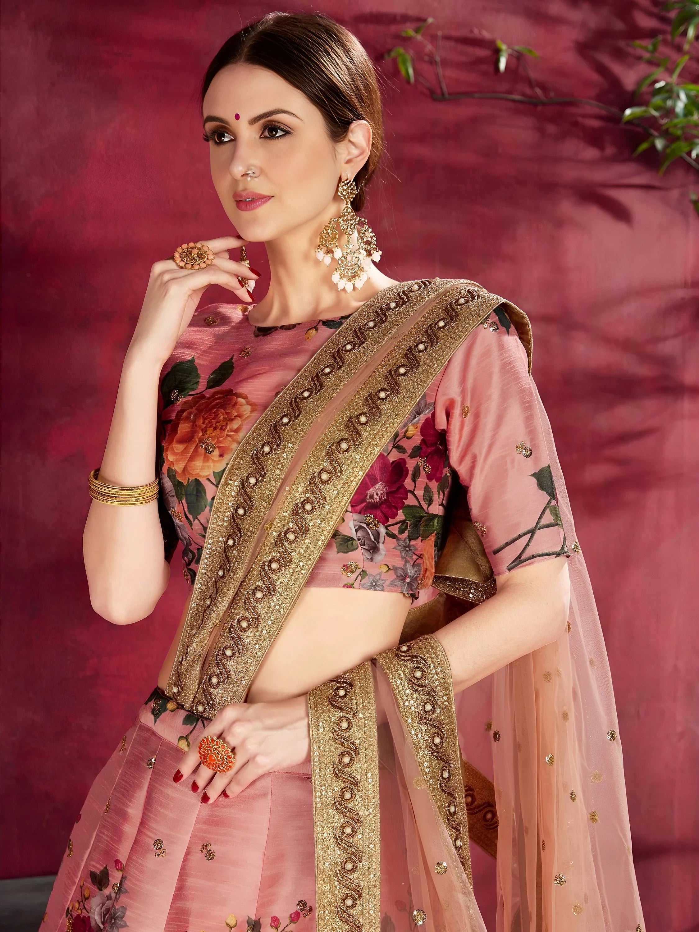 Peach Floral Printed Banglori Silk Bridal Lehenga Choli With Dupatta