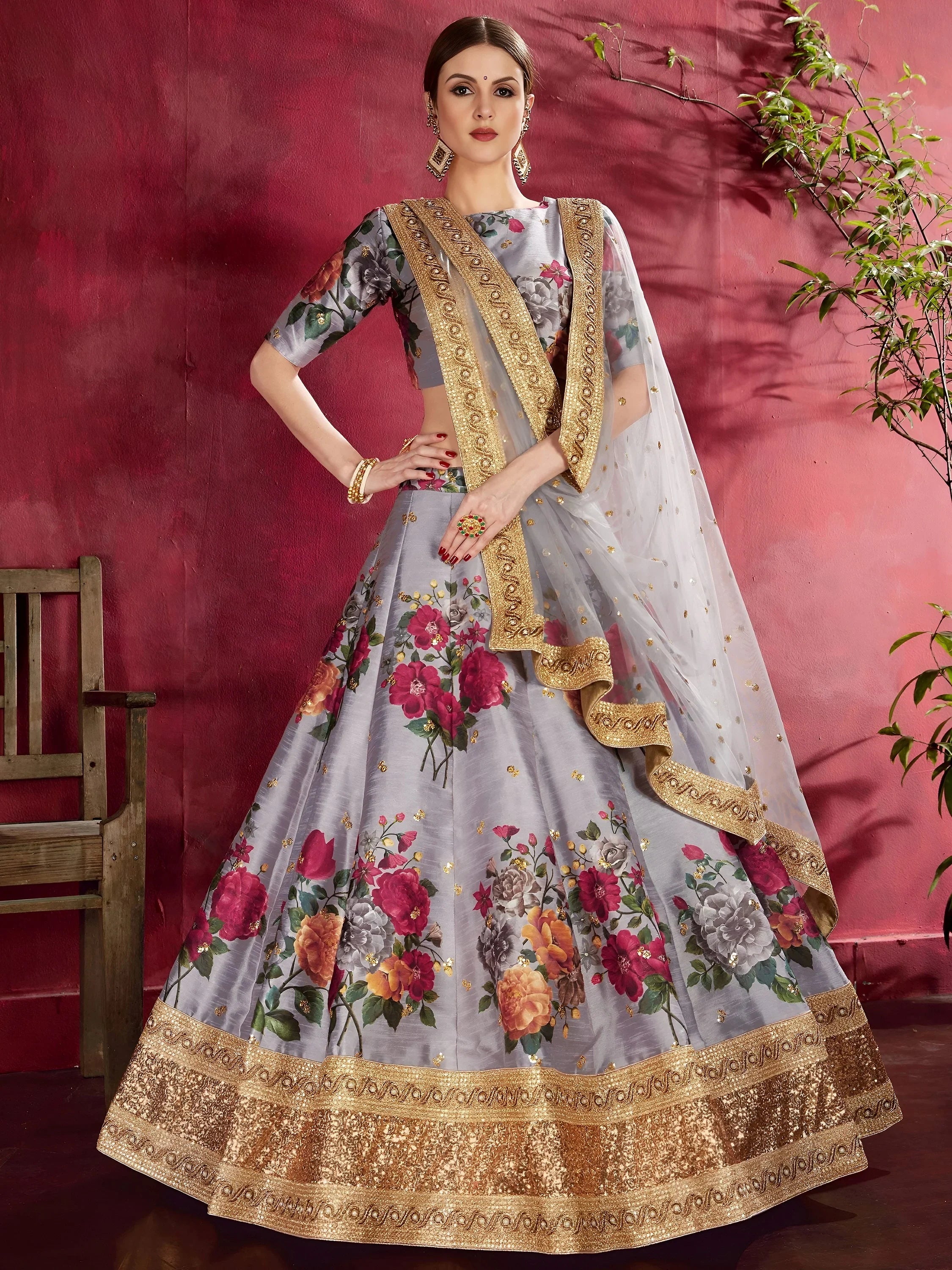 Grey Floral Printed Banglori Silk Bridal Lehenga Choli With Dupatta