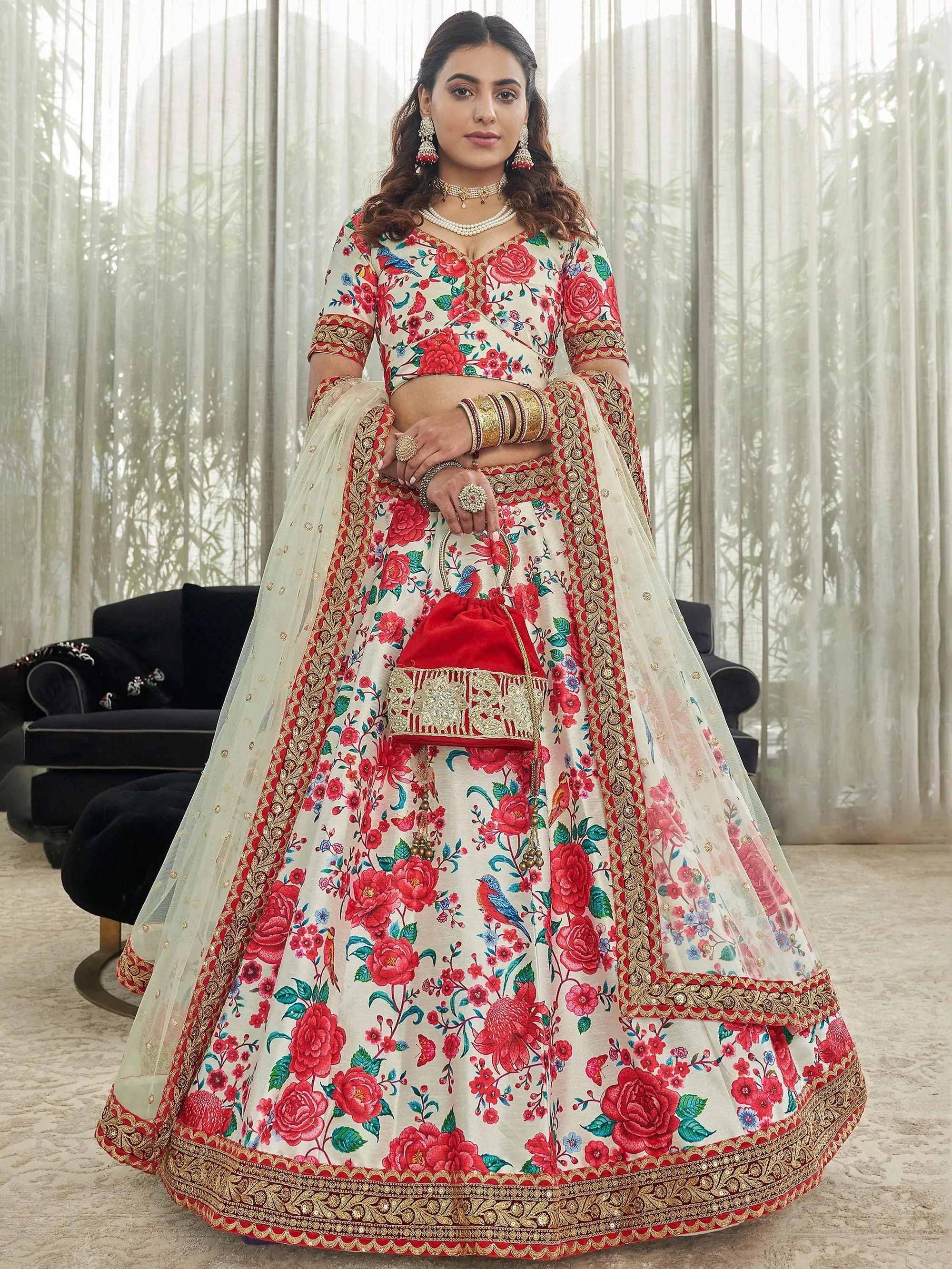 Fantastic Cream Floral Printed Silk Sangeet Wear Plus Size Lehenga Choli