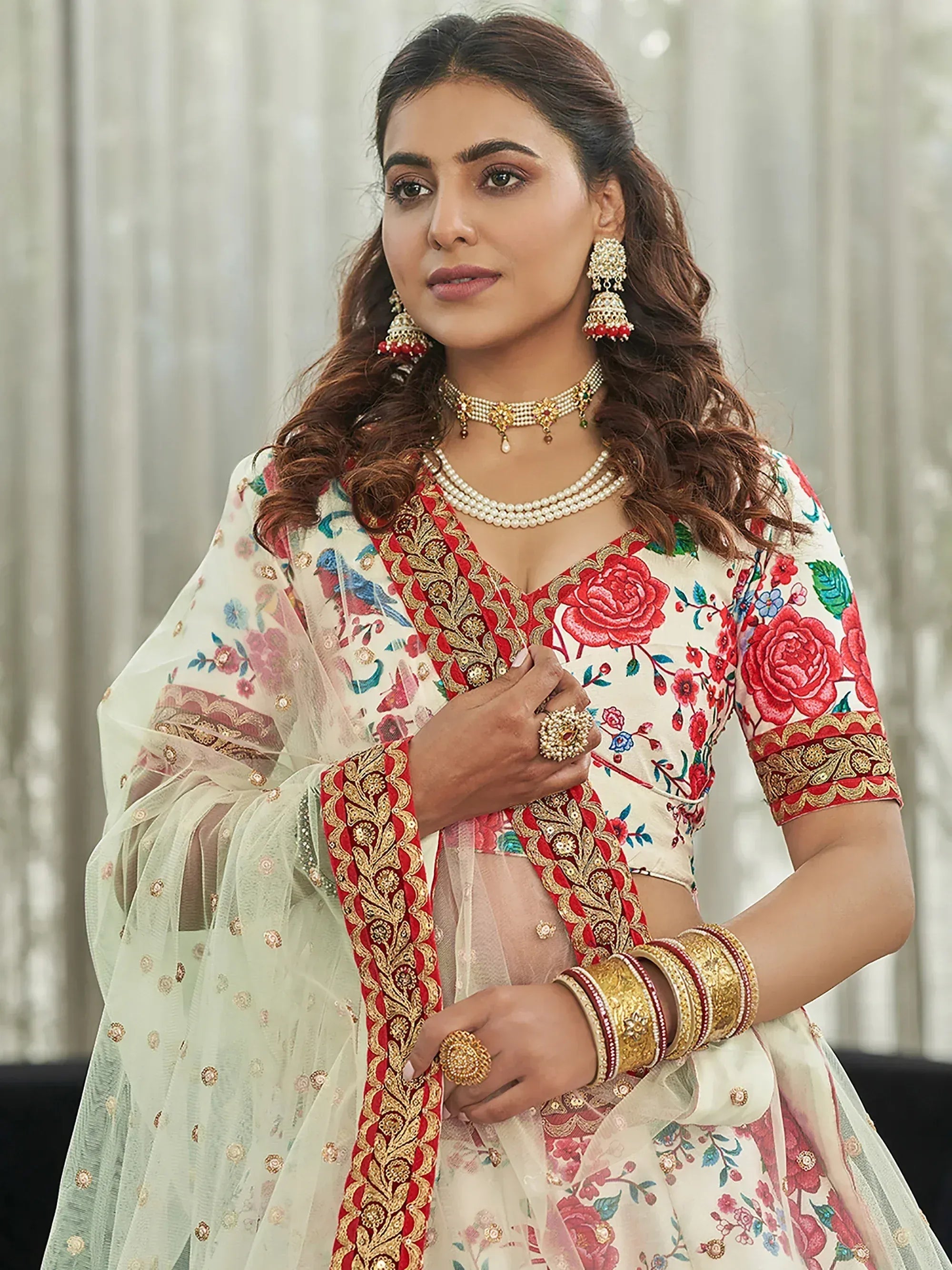 Capricious Off-White Floral Printed Art Silk Lehenga Choli