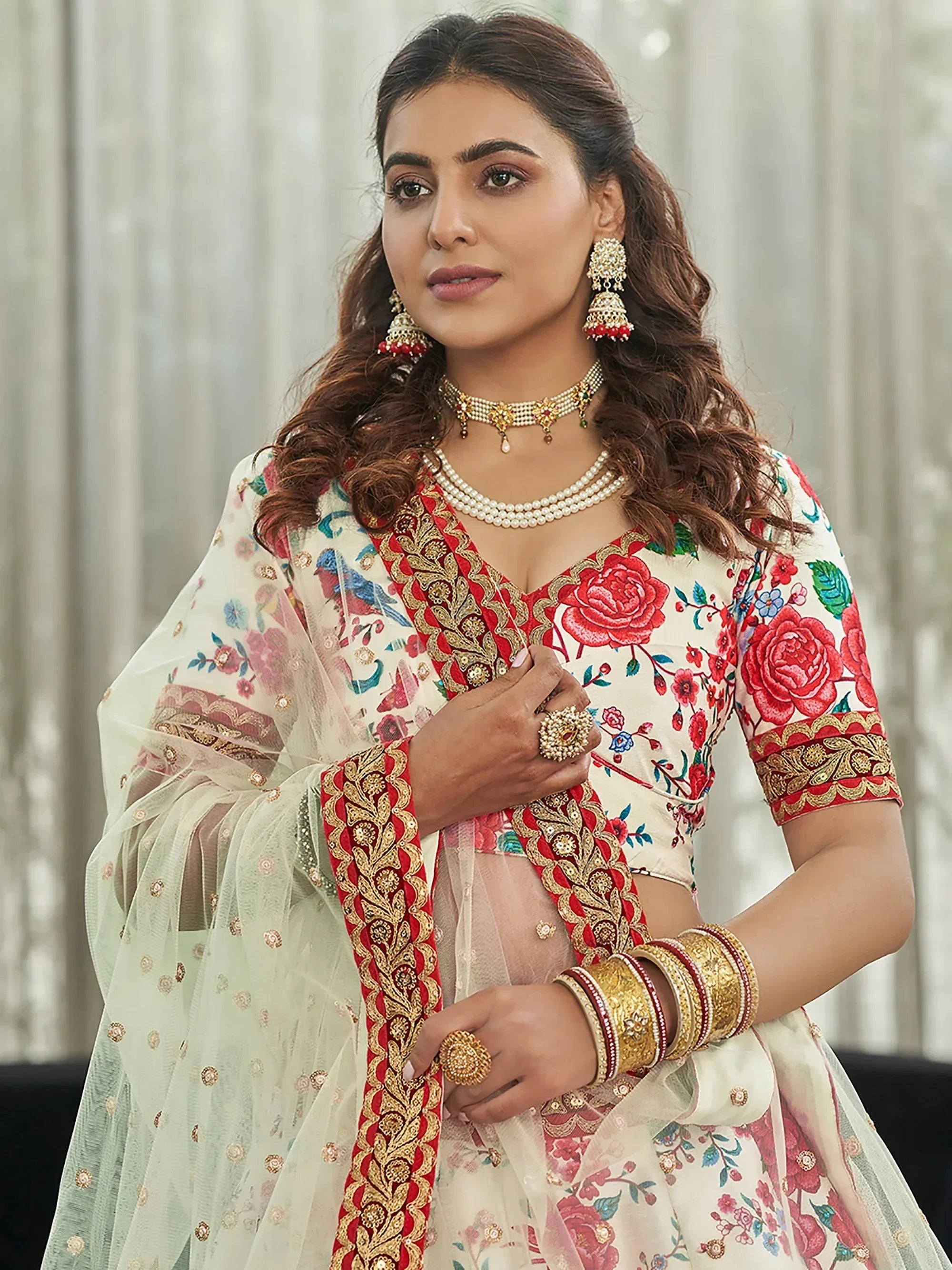 Fantastic Cream Floral Printed Silk Sangeet Wear Plus Size Lehenga Choli