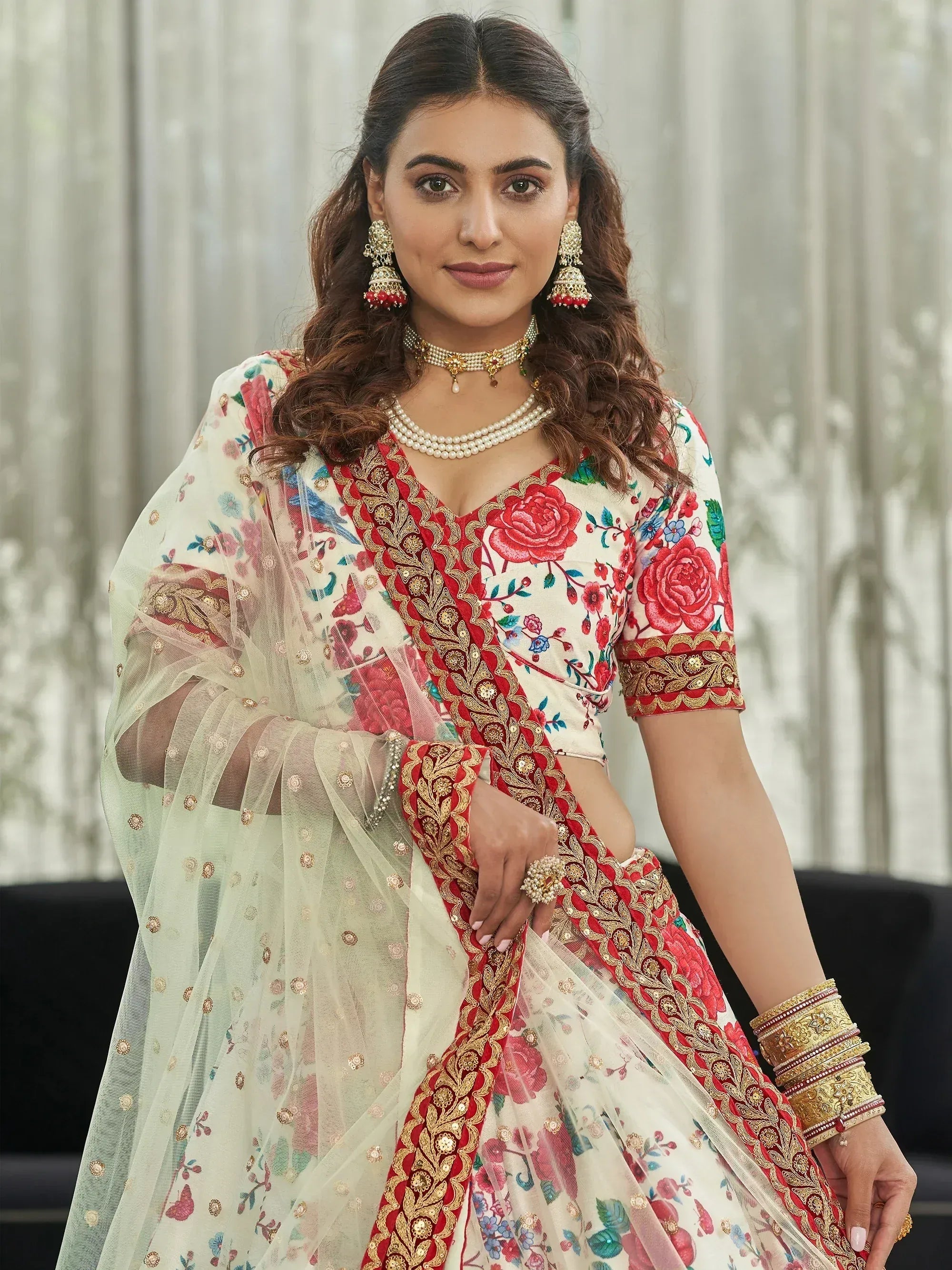Capricious Off-White Floral Printed Art Silk Lehenga Choli