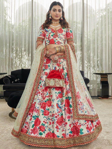 Capricious Off-White Floral Printed Art Silk Lehenga Choli