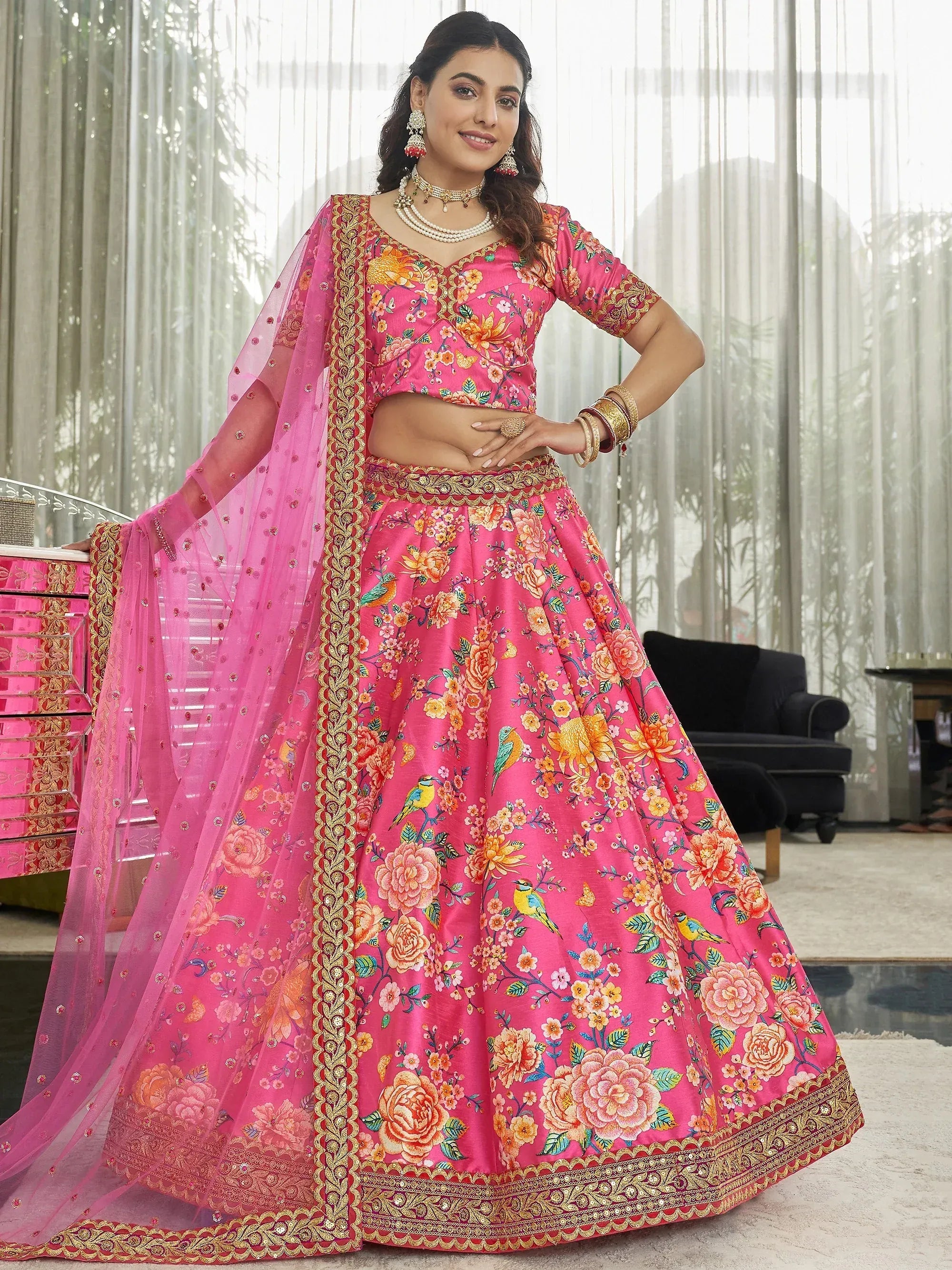 Fabulous Pink Floral Printed Silk Function Wear Plus Size Lehenga Choli