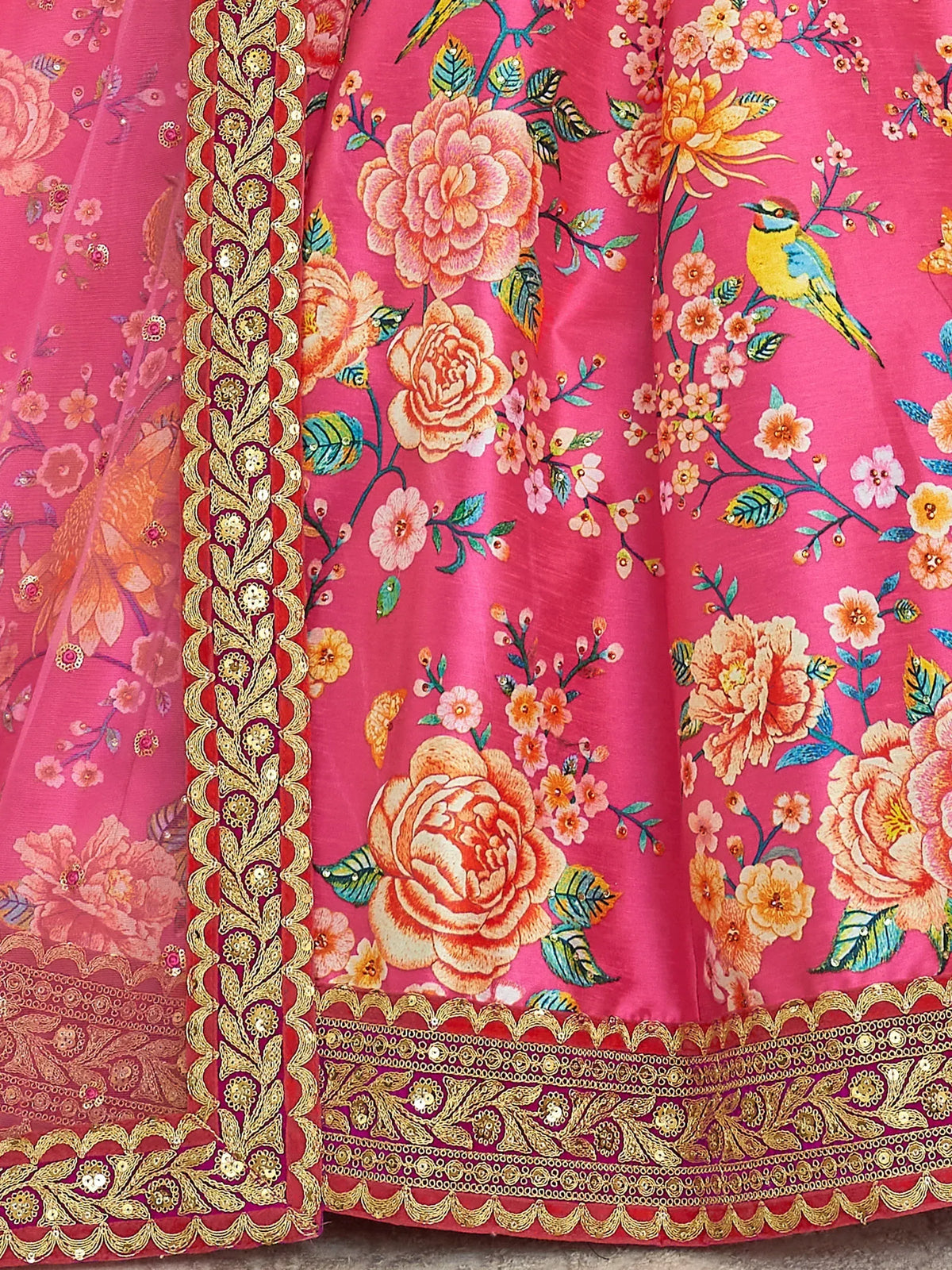 Pink floral lehenga with gold embroidery and bird print, Indian ethnic wear