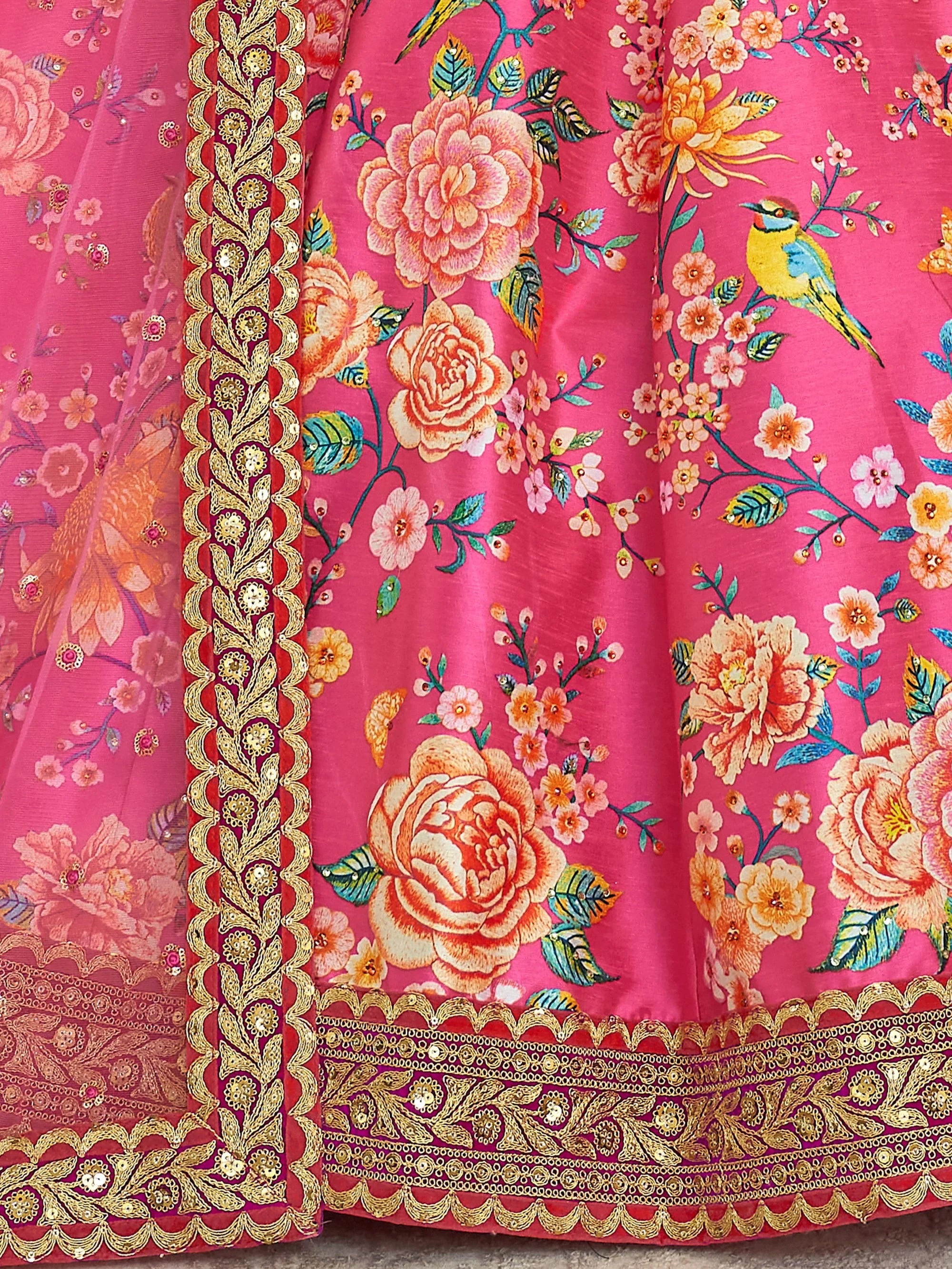 Fabulous Pink Floral Printed Silk Function Wear Plus Size Lehenga Choli
